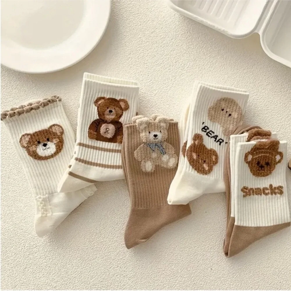 Women’s Brown Teddy Bear Knitted Socks & Hosiery Soft Breathable Mid Calf Length